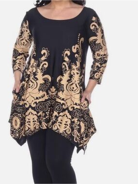 White Mark Black Tunic with Tan Baroque Print